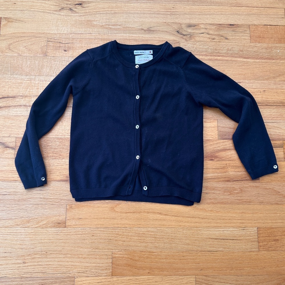Crewneck Button-Front Cotton Zara Knitwear Girls Cardigan Sweater - Navy Blue